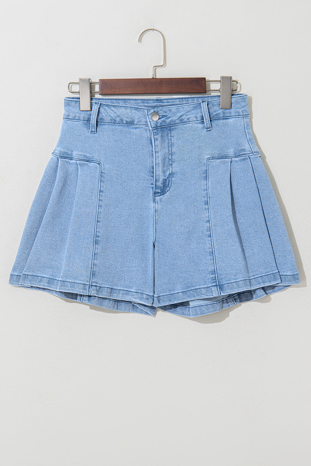 Dusk Blue Pleated Patchwork Wide Leg Lightweight Denim Shorts