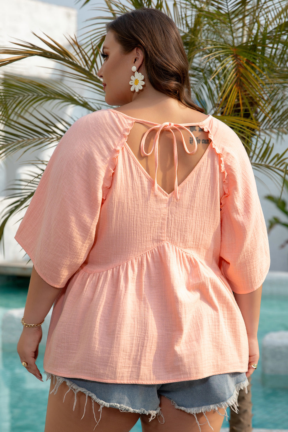 Apricot Pink Plus Size Textured Wide Short Sleeve Babydoll Blouse