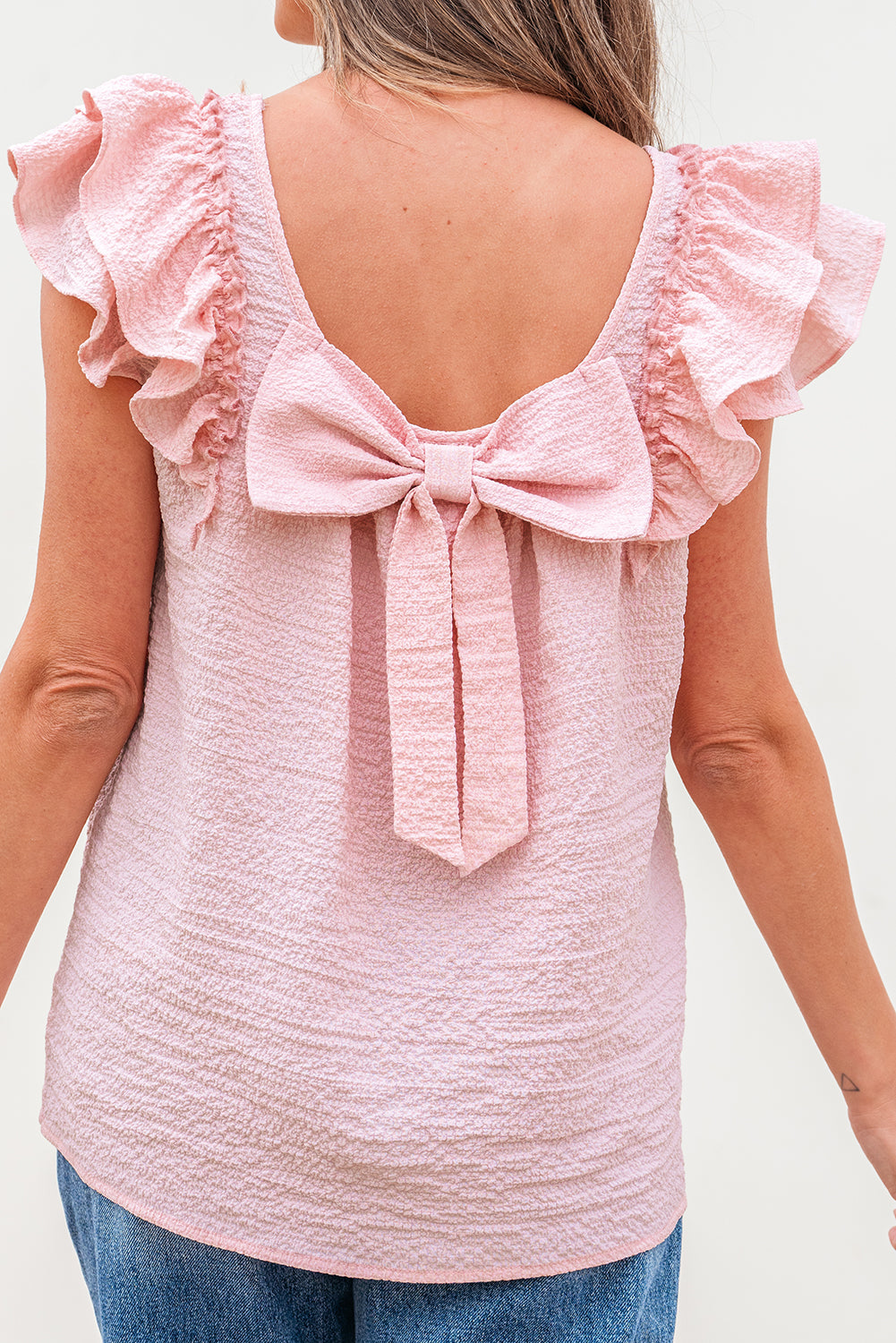 Gossamer Pink Textured Bow Knot Frilled Butterfly Sleeve Blouse