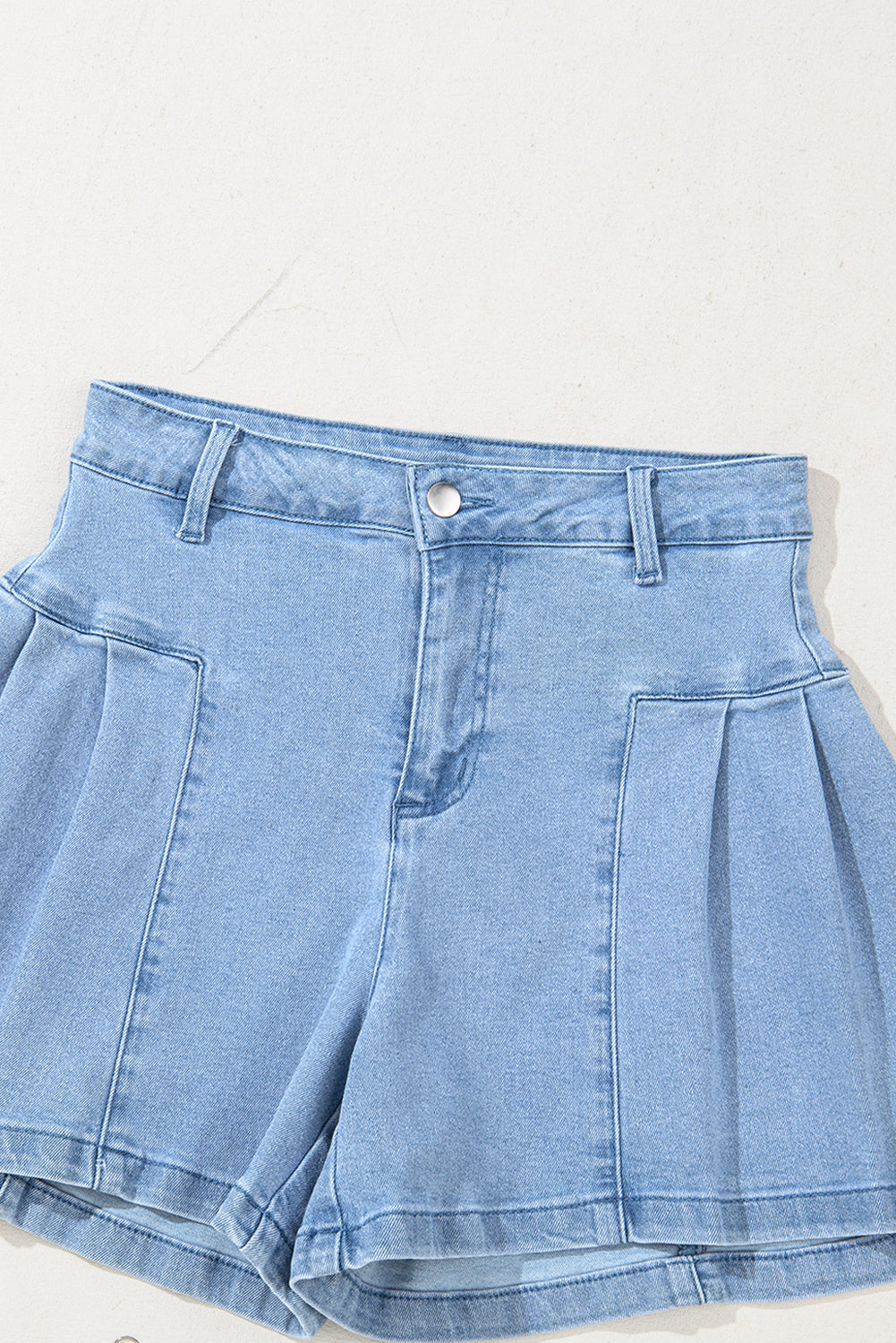 Dusk Blue Pleated Patchwork Wide Leg Lightweight Denim Shorts